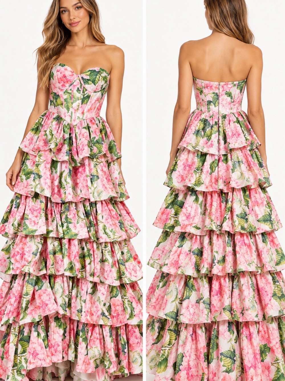 JVN by Jovani NWT Floral Tiered Ruffle Strapless Ball Gown Size 6
